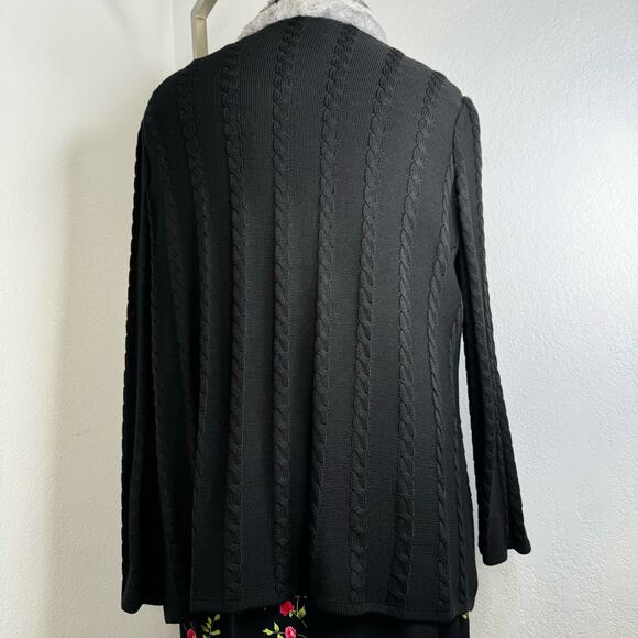 Ming Wang Black Faux Fur Cable Knit Open Wool Blend Cardigan Sweater 0X - Picture 7 of 13